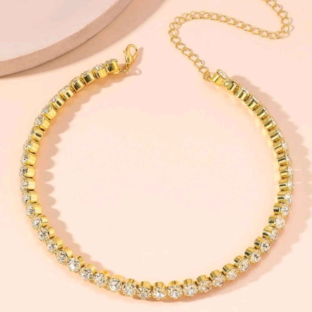 Gold Tone Women's Full Rhinestone Costume Jewelry Choker Necklace - Picture 8 of 8